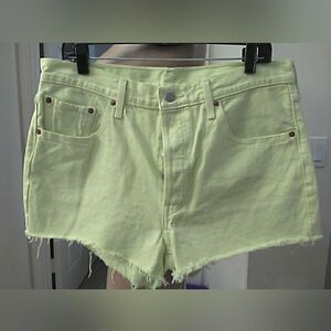 NWOT LEVIS High-Rise Frayed Hem 501 Shorts - Lemon Yellow BUTTON FLY SZ. 33